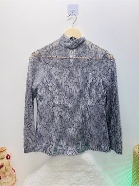 Grey Sequinned Lace Long-Sleeve Lined Wedding Guest Ready Mock Neck Top Blouse 👚